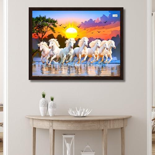 Image of 7 Horses Painting with Frame for Vastu - Rising Sun Wall Decor Painting | 7 Horses Wall Decor Photo Frame 12 x 18 inch | Modern Art Wall Painting for Living Room, Bedroom & Home Decoration