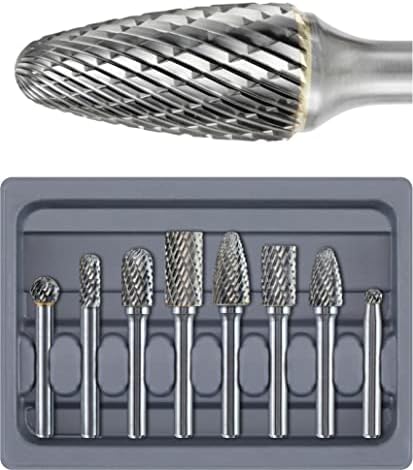 Sworker Carbide Burr Set 1/4" Shank 8PC Die Grinder Bits Rotary Rasp File for Metal Wood Weld Concrete Stone Grinding Porting Deburring Engraving Polishing Double Cut
