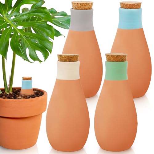 DEAYOU 4 Pack Terracotta Plant Watering Globes, 14 Oz Self Watering Planter Insert with Lid, Automatic Watering Device Garden Waterer for Indoor and Outdoor, Vacation Plants, Easy to Refill
