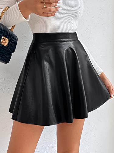 Makemechic Women's Faux Pu Leather High Waist Flare Skater Short Mini Skirt Black Petite S #TOP3
