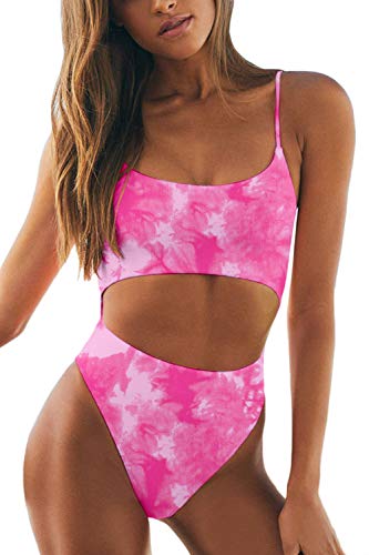 Meyeeka Womens Scoop Neck Cut Out Front Lace Up Back High Cut Monokini One Piece Swimsuit (XL, Tie Dye - Rosy)