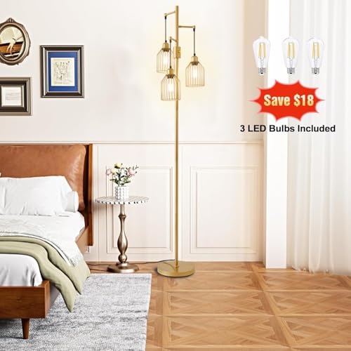 Dimmable Floor Lamp for Living Room, Farmhouse Floor Lamps with Elegant Hanging Cage, 3 x LED Edison Bulbs Included, 68.5" Industrial Standing Light for Bedroom Office Home Decor (Gold) - Image 6