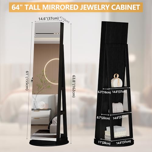Image of LVSOMT Standing Jewelry Cabinet with Sliding Full Length Mirror, Black | 360 Swivel Mirror with Jewelry Storage, Lockable Jewelry Armoire Organizer with 3 Rear Shelves for Bedroom, Gift for Women
