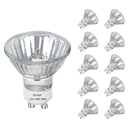 GU10 Halogen Bulb Dimmable, 10 Pack MR16 Light Bulbs 120V 50W Warm White, High Efficiency Halogen Flood Light Bulbs for Indoor, W50MR16/FL/GU10, GU10 Base Bulb for Track&Recessed Lighting