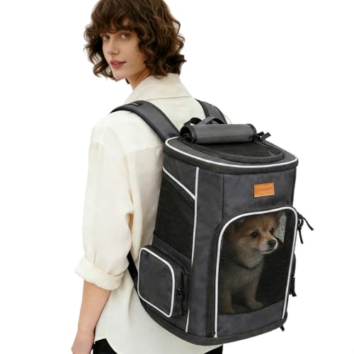 morpilot Mochila Transportín Perro, Mochila Transportín Gato Bien Ventilado con Correa de Seguridad Interior, Bolsa de Transporte para para Gatos y Perros Pequeños Gatos (32 x 28 x 42 cm) Gris Oscuro