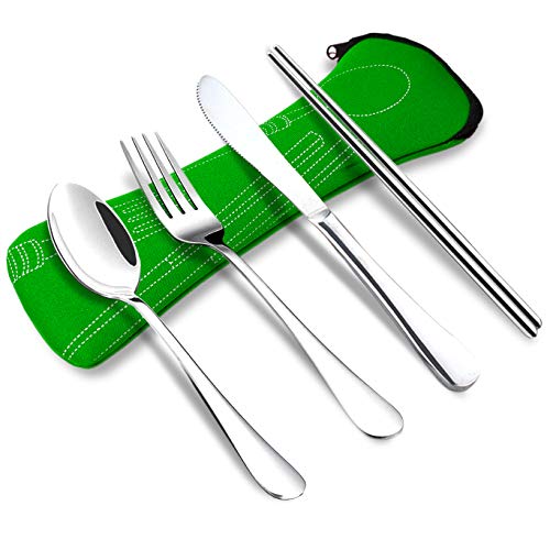 Wayber 4 Pcs Portable Stainless Steel Camping Flatware Set (Knife Fork Spoon Chopsticks) with Lightweight Soft Neoprene Case, Eco-Friendly Ideal for Traveling/Party/Business Trip/Office, Green