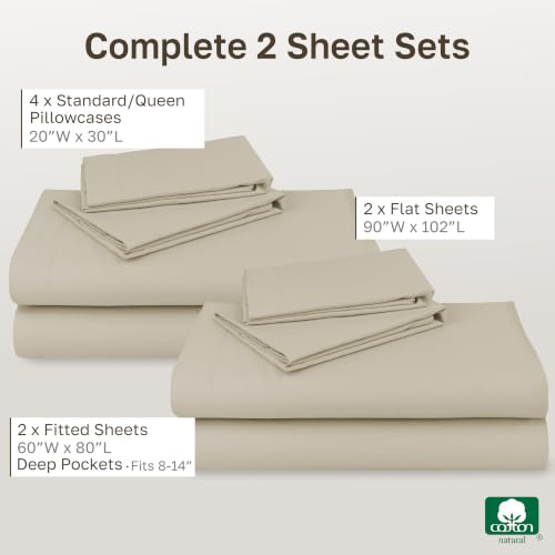 Image of California Design Den 100% Cotton Pack of 2 Queen Sheets Set for Queen Size Bed - Soft Sateen, Deep Pockets, Durable Cotton Sateen Sheets - Beige (Warm Taupe)