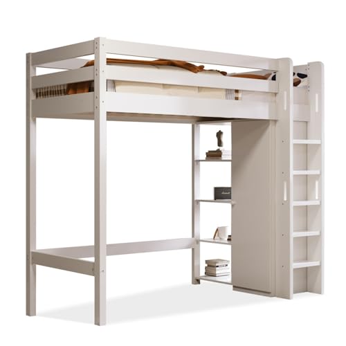 WEALTHOUSE Hochbett mit Kleiderschrank, Regalfächern, Massivholzrahmen, Aluminium-Kleiderstange, Höhenverstellbare Ablage, Sicherer Aufstieg, Flexibel Montierbar, Stabil Konstruktion, Modern Stil