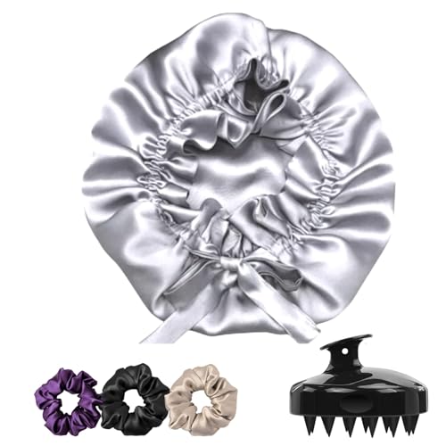 Image of Atrube's Silk Satin Hair Bonnet Reversible with Adjustable Tie Band Wrap Satin Wrap with Hair Scalp Massager Shampoo Brush and 3 Scrunchies (Silver)