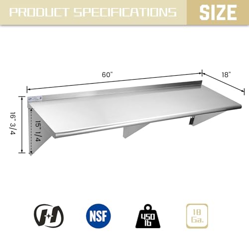 Image of HALLY SINKS & TABLES H Stainless Steel Shelf 18 x 60 Inches, 450 lb, Commercial Wall Mount Floating Shelving for Restaurant, Kitchen, Home and Hotel
