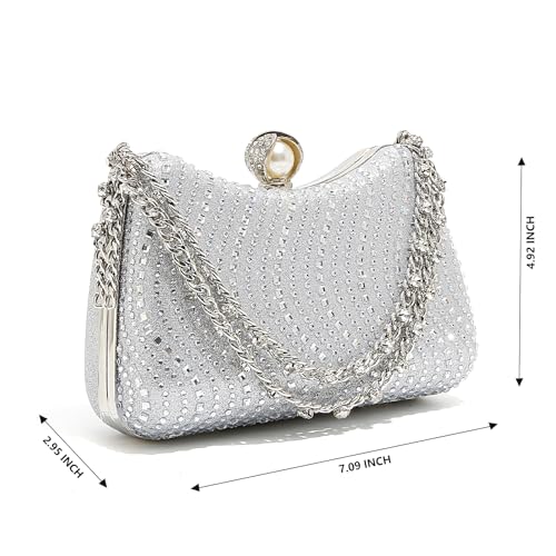Image of Women's Clutch Crystal Rhinestone Purse With Chain Pearl Clasp Evening Wedding Diamond Handbag