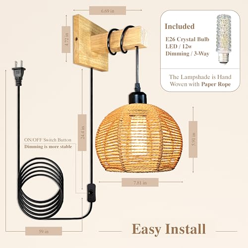 Image of Plug in Wall Sconces 3-Way Dimmable Crystal Bulb Included with Plug in Cord & Paper Woven Shade. Boho Rattan Wall Lamp Beside Reading Lighting for Living Room Bedroom(ZYWL - F01)
