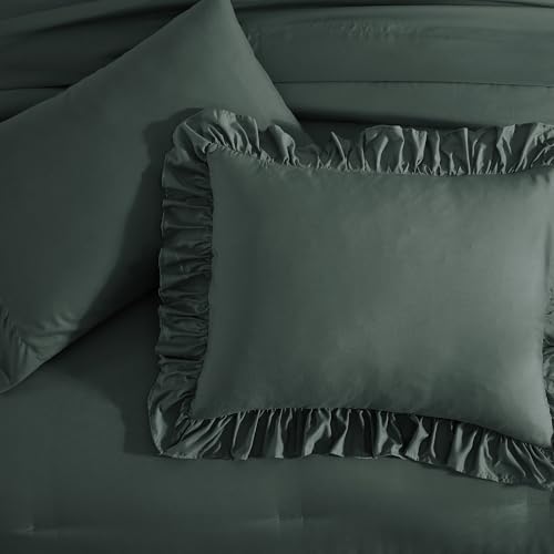 Image of Full Size Comforter Set Forest Green Ruffle 7 Pieces Farmhouse Bed in a Bag | Shabby Chic Fluffy All Season Bedding Sets with Sheets, Pillowcases & Shams