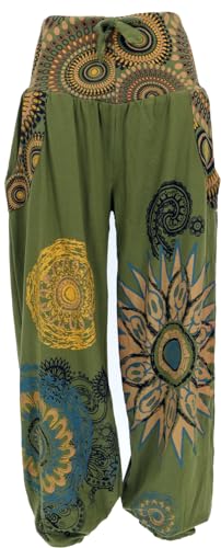 GURU SHOP Weite Pluderhose mit Breitem Bund, Boho Druck - Olivgrün, Damen,...