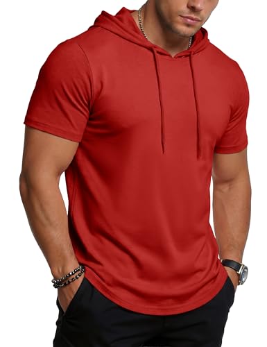 MAGCOMSEN Short Sleeve Hoodies for Men Workout Lightweight Athletic Gym Sweatshirt Summer Hooded T Shirts Red