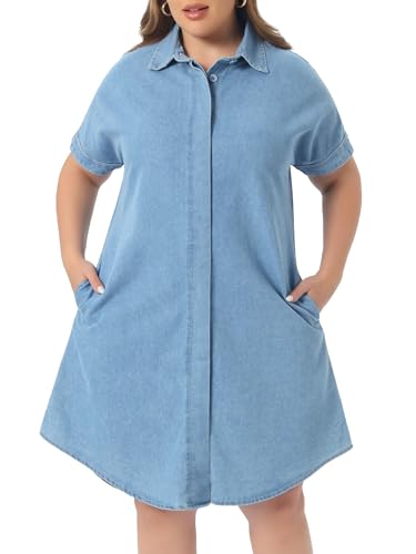 Image of Agnes Orinda Plus Size Denim Dress for Women Short Sleeve Button Down with Pockets Midi Jean Denim Shirt Dresses