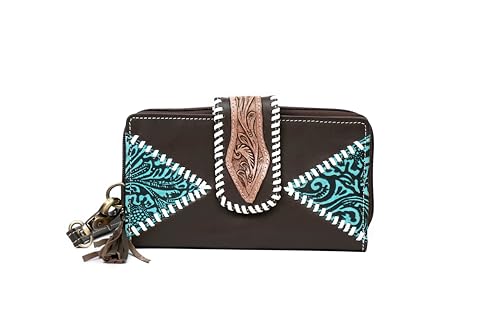 DAMILO Handmade Western Wallets for Women, Buff Crunch Tooled Leather & Long Credit Card Holder, Cell Phone Case, Large Capacity Clutch Wallet and Hand Purse