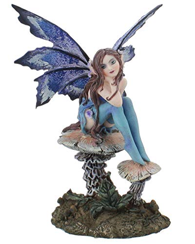 Figura Estatua Hada Azul Sentada en Hongo 6.25 in