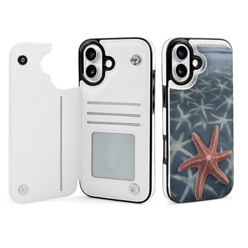 Étui portefeuille iPhone 16 Plus cuir imprimé étoile de mer chic