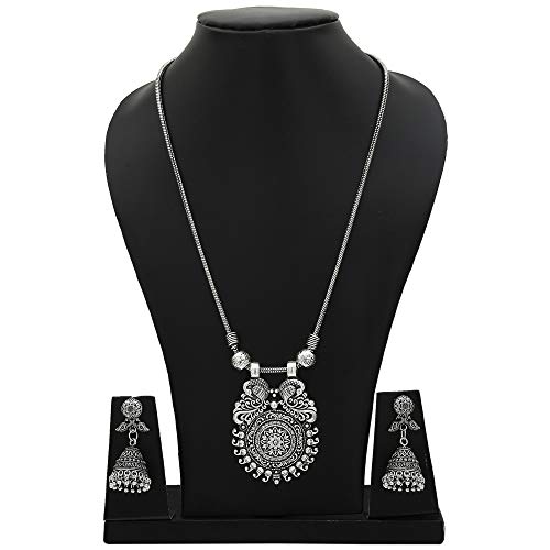Sasitrends Traditional Oxidized German Silver Necklace with Trendy Peacock Earrings for Women and Girls - Image 3
