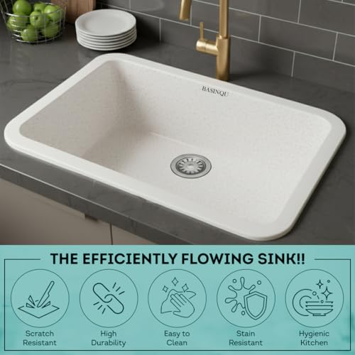 Image of BASINQU Quartz Sink for Kitchen | 24x18x9 Inches Rosa Single Bowl Sink For Kitchen Basin Round Corner Kitchen Sink | Granite UV Protected Scratch Resistant, Undermount /Topmount Kitchen Sinks