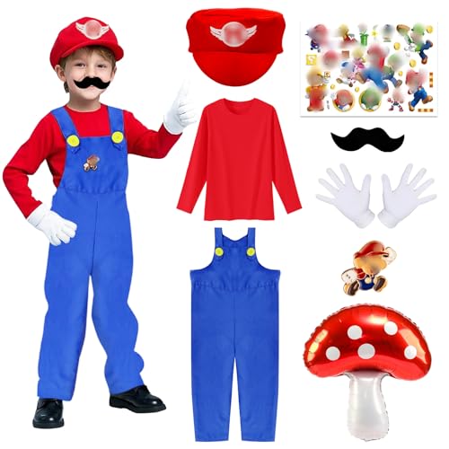 Wirhaut Disfarce Mar-i para criança, super bro, disfarce de super fato com top vermelho, peito de trabalho, boné, barba e luvas, disfarce para crianças para Halloween carnaval cosplay