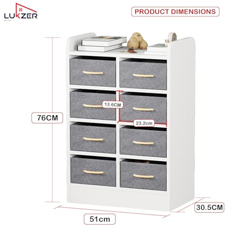 Image of Lukzer 8 Drawer Multipurpose Organizer with Fabric Storage Shelves - Engineered Wood & Fabric Storage Chest | Sturdy Wooden Frame | Elegant Dresser for Bedroom, Closet & Living Room (MR-028 /White)