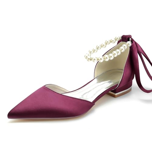 Image of Women's Pointed Toe Pumps Pearl Satin Wedding Shoes for Bride Flats Ankle Strap Bridal Shoes Formal Prom Party Dress Pumps Sandals