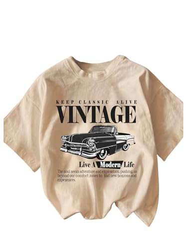 Image of RoseSeek Women's Graphic Letter Tee Crew Neck Drop Shoulder Trendy Summer T Shirt Short Sleeve Vintage Car Print Top