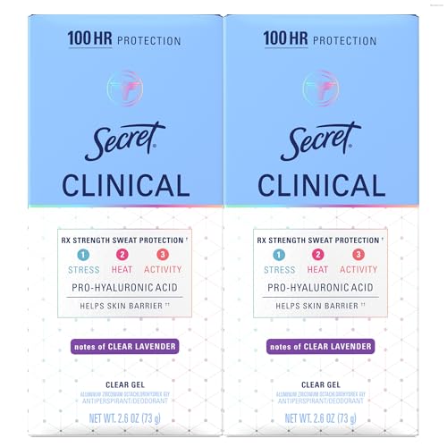 Image of Secret Clinical Strength 100HR Sweat & Odor, Clear Gel Antiperspirant Deodorant for Women, 3X Stress Protection with Hyaluronic Acid, PH Balanced, Clear Lavender Scent, 2.6 oz (Pack of 2)