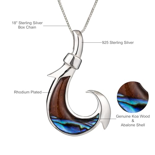 Aloha Jewelry Company 925 Sterling Silver Koa Wood and Abalone Shell Hawaiian Mauka to Makai Fish Hook Necklace Pendant with 18" Box Chain, Nickel Free Hypoallergenic for Sensitive Skin, Gift Box Included3