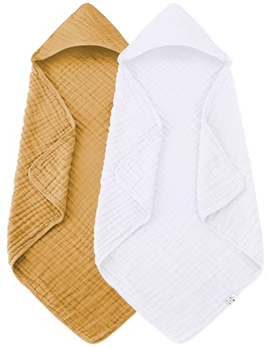 Image of Spotted Play 2 Pack Hooded Baby Towels - 100% Muslin Cotton for Newborns, Infants, Toddlers - Large 32x32Inch Size - Highly Absorbent and Essential for Newborn Care, White and Honey