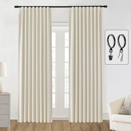SHINELAND Blackout Curtains 108 Inches Long for Living Room 2 Two Panels Set Back Tab Hook Ring Clip Pleat Extra Long Darkening Insulating Curtains for Window,9FT,Beige