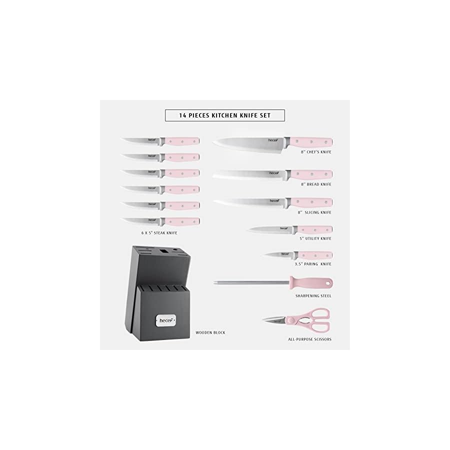 hecef Kitchen Knife Block Set, 14 Pieces Knife Set with Wooden Block & Sharpener Steel & All-purpose Scissors, High Carbon Stainless Steel Cutlery Set (Pink)
