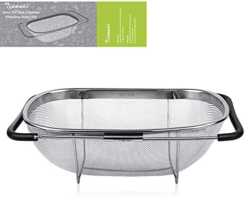 Tiawudi 6-Quart Large Over The Sink Colander, Heavy Duty 40% Thicker 18/8 Stainless Steel Fine Mesh Strainer Basket with Expandable Rubber Grip Handles - Strain, Drain, Rinse Fruits, Vegetables