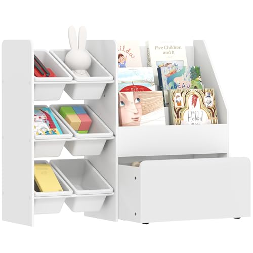 AIYAPLAY Meuble Rangement Enfant, Rangement Jouet Enfant, 6 bacs Amovibles et Grand Coffre à roulettes, bibliothèque à 3 Niveaux pour Chambre ou Salle de Jeux, Blanc