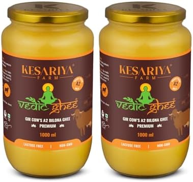 Vedic Ghee Premium A2 Gir Cow Cultured Desi Ghee from Kesariya Farm | Vedic Bilona Two Way Churned | Indian Gir Cow Ghee, Pure A2 Ghee, Natural & Healthy, Non-GMO | Lab Certified (2 Liters)