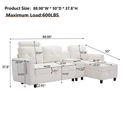 Neylory Convertible Sectional Sofa Couch, Tufted 3 Seat L Shaped Couch With Cup Holders & Storage, Modern Sleeper Sectional Sofa For Living Room, Apartment, Office(White) #TOP1