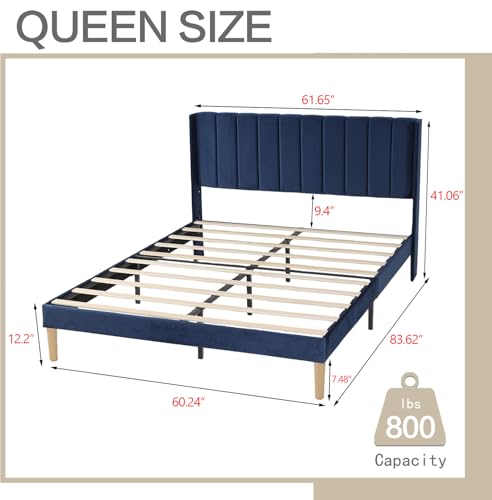 Image of AGARTT Upholstered Platform Bed Frame Queen Size, Blue Velvet