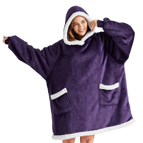 Bedsure Blanket Hoodie Wearable Blanket Hoodie as Gifts for Mom Birthday Gifts for Women Kids Teens Sherpa Sweatshirt Ultra Violet Standard