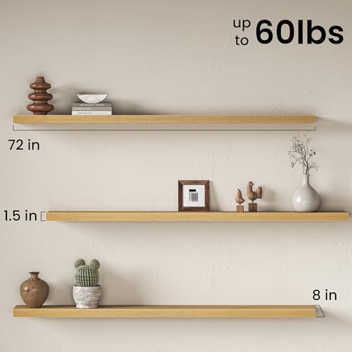 Image of Fun Memories 72Inch Long Floating Shelves, 8 Inch Deep Shelves for Bedroom|Living Room, Wall Mounted Wood Hanging Shelf with Invisible Brackets for Fireplace Mantel Home Storage Decor, Oak - 2 Pack