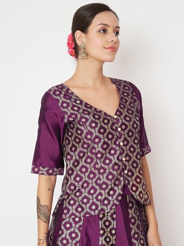 Image of studio rasa Women's Silk Blend Block Printed Button Down Readymade Top for Wedding Festive Party