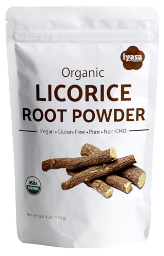 Iyasa Holistics Licorice Root Powder 4 oz - USDA Certified Organic Licorice Root Glycyrrhiza Glabra & Mulethi - Digestive & Adrenal Support Natural Sweetener - Pure Ayurveda Products