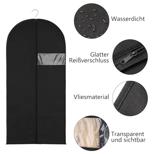 RosewineC 2 Stück Kleidersack mit Schuhbeutel, 120 x 60 cm Schwarz Kleidersäcke mit Reißverschluss, Mottensicher Anzugtasche Lang Kleidersack zur Aufbewahrung Kleiderhülle für Kleider Hemden