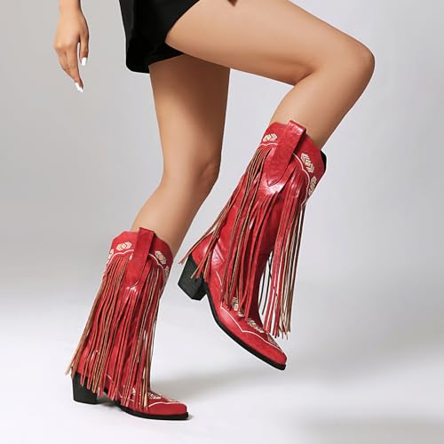 Image of Embroidered Fringe Cowboy Boots for Women, Pull On Mid Calf Chunky Block Heel Pointed Toe Western Cowgirl Boots Riding Country Boot Retro Boots