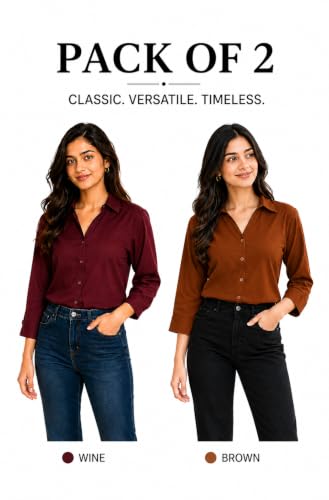 Image of FUNDAY FASHION Women Solid Regular Fit V Collered Casual Shirt (Pack of 2)