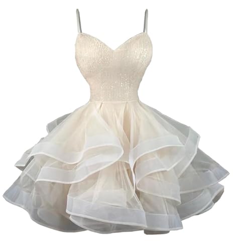 Sparkly Short Homecoming Dresses for Teens Spaghetti Straps Tulle Prom Dress Tiered Cocktail Party Gown