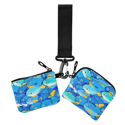 Cute Cartoon Fish Blue Women's Coin Wallet Card Holder Minimalist Business Card Holder with Wristlet Strap for Ladies 2 Packs