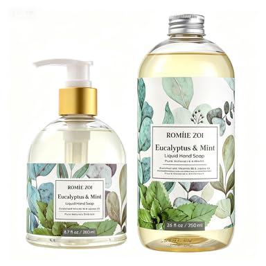 ROMIIE ZOI Liquid Hand Soap & Refill Set, Eucalyptus & Mint, 260ml + 750ml – Gentle Moisturizing Formula, Everyday Value Pack