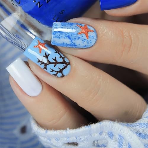 Press on Square Nails Medium Length Glossy Full Cover Acrylic Blue False Nails with Ocean Starfish Designs Artificial Square Shaped Fake Nails with Charms Glue ons Nails Stick on Fingernails for Women
